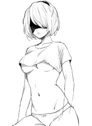 Rule 34 | 1girl, arms at sides, breasts, closed mouth, commentary request, covered eyes, covered mouth, crop top, greyscale, hairband, medium breasts, mellow rag, monochrome, navel, nier (series), nier:automata, panties, short hair, short sleeves, simple background, solo, stomach, thighs, underboob, underwear, 2b (nier:automata)
