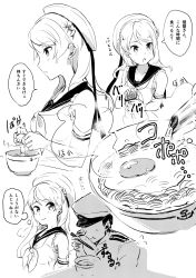 Rule 34 | 10s, 1boy, 1girl, admiral (kancolle), anchor symbol, animal ears, bowl, chopsticks, cooking, cracking egg, eating, egg, elbow gloves, food, gloves, greyscale, hand on own face, hat, highres, instant noodle block, kantai collection, long hair, looking to the side, military, military hat, military uniform, monochrome, noodles, open mouth, pack noodles, peaked cap, ramen, sailor hat, school uniform, senbei (senbe i), serafuku, smile, uniform, urakaze (kancolle)