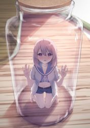 Rule 34 | 1girl, against glass, bare legs, barefoot, blue sailor collar, blue shorts, bottle, brown hair, commentary request, feet, full body, hair between eyes, hands up, highres, in bottle, in container, jacket, knees together feet apart, long hair, looking at viewer, mini person, minigirl, navel, open clothes, open jacket, open mouth, original, parted lips, purple eyes, sailor collar, short shorts, short sleeves, shorts, solo, taitan, tears, white jacket