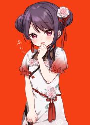 Rule 34 | 1girl, aged down, blush, braid, china dress, chinese clothes, double bun, dress, flower, gundou mirei, hair bun, hair flower, hair ornament, hand up, looking at viewer, nijisanji, parted lips, puffy short sleeves, puffy sleeves, purple hair, red background, red eyes, rose, short sleeves, simple background, solo, swept bangs, tears, translation request, virtual youtuber, white dress, white flower, white rose, yamabukiiro