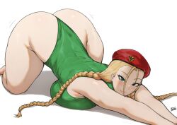 Rule 34 | 1girl, ass, batako (batakoart), beret, blonde hair, breast press, breasts, cammy white, curvy, green eyes, green leotard, hat, huge ass, large breasts, leotard, long hair, looking at viewer, mature female, muscular, muscular female, plump, simple background, solo, street fighter, top-down bottom-up, twintails, white background