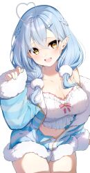 Rule 34 | 1girl, :d, absurdres, ahoge, bad id, bad twitter id, blue hair, blush, braid, breasts, character hair ornament, cleavage, cowboy shot, crop top, crossed bangs, daifuku (yukihana lamy), darjeeling (reley), elf, fur-trimmed sleeves, fur trim, hair between eyes, hair ornament, hair over shoulder, heart, heart ahoge, highres, hololive, jacket, large breasts, long hair, midriff, open clothes, open jacket, open mouth, pointy ears, short shorts, shorts, simple background, sleeves past wrists, smile, solo, standing, striped clothes, striped jacket, virtual youtuber, white background, yellow eyes, yukihana lamy, yukihana lamy (4th costume)