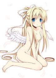 Rule 34 | 00s, 1girl, air (visual novel), bad id, bad pixiv id, barefoot, blonde hair, blue eyes, convenient censoring, feathers, full body, hair censor, kamio misuzu, key (company), long hair, nude, oumi neneha, ponytail, ribbon, simple background, sitting, solo, v arms, very long hair, wariza, wings