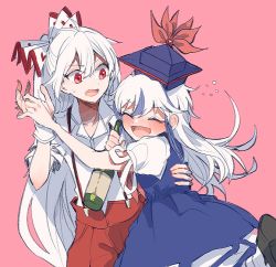 Rule 34 | 2girls, :d, ^ ^, blue dress, blue hair, blue headwear, blush, bottle, bow, closed eyes, commentary request, dress, drunk, fujiwara no mokou, hair between eyes, hair bow, hat, holding, holding bottle, itomugi-kun, kamishirasawa keine, long hair, multicolored hair, multiple girls, open mouth, pants, pink background, red bow, red eyes, red pants, shirt, short sleeves, simple background, smile, squeans, suspenders, sweatdrop, torn clothes, torn sleeves, touhou, two-tone hair, white bow, white hair, white shirt, wrist cuffs, |d