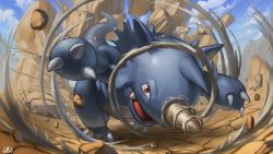 Rule 34 | cloud, commentary request, creatures (company), day, fang, game freak, gen 1 pokemon, highres, incoming attack, nintendo, no humans, open mouth, outdoors, pokemon, pokemon (creature), red eyes, rhydon, rock, sky, solo, spareribs, tongue