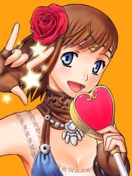 Rule 34 | 1girl, :d, \m/, blue eyes, breasts, brown gloves, brown hair, circlet, cleavage, crossed bangs, final fantasy, final fantasy xi, fingerless gloves, flower, gloves, hair flower, hair ornament, heart, heart wand, holding, holding wand, hume, lower teeth only, macross, macross frontier, medium breasts, mumor, open mouth, orange background, red flower, red rose, rose, seikan hikou, short hair, simple background, smile, solo, taisai soft, teeth, upper body, wand