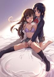 Rule 34 | 2girls, absurdres, adachi sakura, adachi to shimamura, bare shoulders, bed sheet, bedroom, blazer, blue eyes, blue hair, blush, bow, bra, breasts, breath, brown hair, commentary, female ejaculation, fingering, hair ornament, hairclip, highres, indoors, jacket, long hair, looking at another, medium breasts, multiple girls, navel, no shoes, off shoulder, one eye closed, open mouth, panties, panties around leg, partially undressed, purple eyes, pussy juice, pussy juice stain, school uniform, shimamura hougetsu, short hair, skirt, socks, sunlight, suzushi moruto, sweat, underwear, yuri