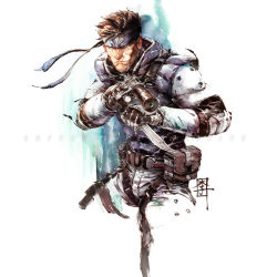 Rule 34 | 1boy, bandana, brown hair, commentary, english commentary, facial hair, gloves, gun, headband, highres, holding, holding gun, holding knife, holding weapon, knife, konami, looking at viewer, male focus, mar-c!, metal gear (series), metal gear solid, short hair, simple background, sneaking suit, solid snake, solo, weapon