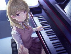 Rule 34 | 1girl, ahoge, akamatsu kaede, blonde hair, breasts, closed mouth, collared shirt, commentary, danganronpa (series), danganronpa v3: killing harmony, eighth note, fortissimo, hair ornament, highres, indoors, instrument, long hair, long sleeves, looking at viewer, medium breasts, miniskirt, music, musical note, musical note hair ornament, necktie, piano, piano bench, playing instrument, pleated skirt, purple eyes, school uniform, shirt, sitting, skirt, smile, solo, sweater vest, tokkyu, vest, white shirt