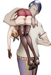 Rule 34 | 1boy, 1girl, absurdres, ass, atelier (series), atelier ryza, bare shoulders, black hair, boots, brown hair, carrying, defeat, faceless, faceless male, from behind, gloves, hair ornament, hair ribbon, hairclip, hat, highres, omikoshi, open mouth, parted lips, red shorts, reisalin stout, ribbon, shiny clothes, shiny skin, short hair, short shorts, shorts, single glove, thigh boots, thighhighs