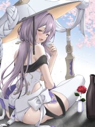 Rule 34 | 1girl, ass, blush, bodysuit, bottle, breasts, cherry blossoms, clothing cutout, drinking, flower, from behind, goddess of victory: nikke, grey hair, hat, holding, jingasa, large hat, leotard, long hair, looking at viewer, looking back, medium breasts, open mouth, piyopiyomaru (piyo8823), red flower, red rose, rose, scarlet (nikke), sitting, solo, white bodysuit, white leotard, yellow eyes