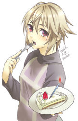 Rule 34 | 10s, 1girl, 2013, bad id, bad pixiv id, birthday, blonde hair, cake, dated, eating, expressionless, food, fork, giving, holding, kona (silent913), looking at viewer, plate, red eyes, short hair, solo, urotsuki, yume 2kki