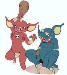 Rule 34 | 1boy, 2girls, artist request, blue eyes, blue skin, bokoblin, claws, club (weapon), colored skin, femdom, highres, horns, interspecies, loincloth, long ears, monster girl, multiple girls, nintendo, pig, pig girl, red eyes, red skin, reverse cowgirl position, sex, sex from behind, skull, straddling, tagme, the legend of zelda, the legend of zelda: breath of the wild, tribal