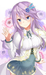 Rule 34 | 1girl, anemone (flower knight girl), blue eyes, blue flower, blue skirt, breasts, closed mouth, collared shirt, commentary request, cowboy shot, floral background, flower, flower knight girl, hair between eyes, hair flower, hair ornament, hand up, head tilt, highres, long hair, long sleeves, looking at viewer, medium breasts, neck ribbon, pink flower, ponta (velmar), purple hair, revision, ribbon, sanpaku, shirt, sidelocks, skirt, smile, solo, standing, white background, white shirt