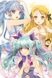 Rule 34 | 3girls, :o, aqua hair, arm up, armpits, bare shoulders, blonde hair, blue eyes, blue hair, blush, bow, braid, breasts, cleavage, collarbone, frown, hair bow, hair ribbon, hand on own head, hands on own hips, heart, heart hands, long hair, lowres, multiple girls, open mouth, parted bangs, pink eyes, pleated skirt, ribbon, single braid, skirt, star (symbol), strapless, sword girls, thighhighs, twintails, tyuhus, very long hair, white legwear, yellow eyes