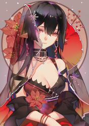 Rule 34 | 1girl, bare shoulders, black choker, black hair, breasts, choker, cleavage, closed mouth, collarbone, earrings, expressionless, floral background, flower, japanese clothes, jewelry, long hair, long sleeves, looking at viewer, medium breasts, necklace, original, poinsettia, pointy ears, red eyes, red flower, school uniform, see-through, serafuku, solo, songjikyo, upper body, veil, wide sleeves, wristband