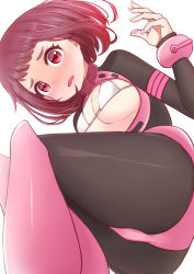 Rule 34 | absurdres, bikini, black bodysuit, blunt bangs, blush, bob cut, bodysuit, boku no hero academia, boots, breasts, brown eyes, brown hair, cleavage, commentary, embarrassed, floating, from below, hair strand, highres, knees up, medium breasts, nanomitw (jackson2444), nose blush, open bodysuit, open clothes, open mouth, pink bodysuit, pink footwear, raised eyebrows, short hair, simple background, swimsuit, thick eyebrows, underboob, unzipped, uraraka ochako, w arms, wavy mouth, white background, white bikini, worried