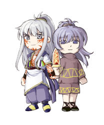 Rule 34 | 2boys, arcturus, black footwear, brown shirt, brown shorts, chibi, closed mouth, commentary, cuffs, dagger, dual persona, full-body tattoo, full body, grey eyes, grey hair, hair between eyes, high ponytail, highres, holding, holding dagger, holding knife, holding weapon, knife, light purple hair, long hair, long sleeves, looking at viewer, male focus, multiple boys, pants, purple hair, purple pants, shirt, shoes, short sleeves, shorts, simple background, sizz flair, smile, standing, tattoo, tunic, weapon, white background, white tunic, xiansan