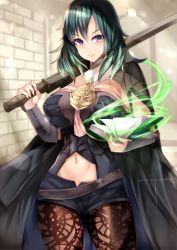 Rule 34 | 1girl, absurdres, black shorts, blue eyes, blue hair, book, breasts, brown pantyhose, byleth (female) (fire emblem), byleth (fire emblem), closed mouth, clothing cutout, detached collar, fire emblem, fire emblem: three houses, hair between eyes, highres, holding, holding book, holding sword, holding weapon, large breasts, medium hair, navel, navel cutout, nintendo, open book, pantyhose, short shorts, shorts, solo, sword, tiamat (momokuri mannen), weapon