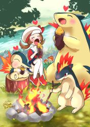 Rule 34 | 1girl, blush, brown hair, campfire, creatures (company), cyndaquil, eating, fire, food, game freak, gen 2 pokemon, hat, holding, lyra (pokemon), mushroom, nintendo, open mouth, pokemon, pokemon (creature), pokemon hgss, quilava, red eyes, ribbon, sheyona, shoes, signature, sitting, smile, standing, stick, sweet potato, twintails, typhlosion
