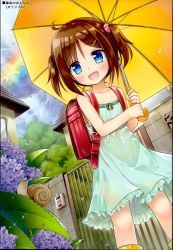 Rule 34 | 1girl, :d, absurdres, backpack, bag, bare arms, bare shoulders, blue eyes, boots, brown hair, building, child, cloud, day, dress, flower, gate, green dress, hair ornament, hairclip, highres, holding, holding umbrella, house, hydrangea, open mouth, original, outdoors, plant, rain, rainbow, randoseru, rubber boots, scrunchie, see-through, short hair, sky, sleeveless, sleeveless dress, smile, snail, solo, sundress, two side up, umbrella, wall, water drop, wet, wet clothes, wet dress, yellow footwear, yellow umbrella, yukino minato