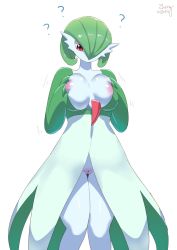 Rule 34 | 1girl, ?, areola slip, breast hold, breasts, cleft of venus, confused, creatures (company), game freak, gardevoir, gen 3 pokemon, grabbing, large breasts, nintendo, pokemon, pokemon (creature), pussy, solo, standing, uncensored, zheng