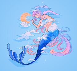 Rule 34 | 1girl, blue background, blue theme, breasts, cloud, commentary, crater, crescent moon, english commentary, gradient hair, highres, long hair, medium breasts, mermaid, meyoco, midriff, monster girl, moon, multicolored hair, original, pink hair, profile, shadow, simple background, solo, very long hair