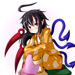 Rule 34 | 1girl, ahoge, asymmetrical wings, black hair, blush, breasts, cleavage, female focus, houjuu nue, ichimi, hugging own legs, pajamas, pillow, pointy ears, red eyes, red theme, sitting, sitting on pillow, sleeves past wrists, small breasts, solo, touhou, wings
