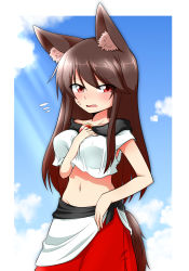 Rule 34 | 1girl, animal ears, bad id, bad pixiv id, between breasts, blush, breasts, brooch, brown hair, collarbone, crop top, crop top overhang, fang, groin, highres, imaizumi kagerou, jewelry, large breasts, long hair, midriff, navel, open mouth, red eyes, red skirt, skirt, solo, sumiya nadateru, sweat, sweatdrop, tail, touhou, wolf ears, wolf tail