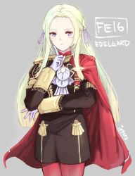 Rule 34 | 1girl, blonde hair, blue eyes, cape, ascot, edelgard von hresvelg, fire emblem, fire emblem: three houses, gloves, grey background, hair ornament, ippers, long hair, looking at viewer, mole, mole under mouth, nintendo, pantyhose, simple background, solo, uniform