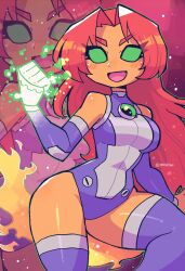 Rule 34 | 1girl, absurdres, dc comics, female focus, green eyes, highres, long hair, red hair, solo, starfire, zoom layer