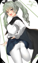 Rule 34 | 10s, 1girl, anchovy (girls und panzer), ass, belt, black belt, blue skirt, blush, braid, brown eyes, cape, collared shirt, girls und panzer, green hair, hand on own hip, isshiki (ffmania7), long sleeves, looking at viewer, looking back, open mouth, pantyhose, pleated skirt, shirt, sketch, skirt, solo, teeth, twintails, twitter username, white background, white pantyhose, white shirt, wind, wind lift