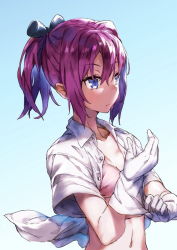 Rule 34 | 10s, 1girl, blue eyes, bow, bra, breasts, gloves, gradient background, hair bow, kantai collection, navel, open clothes, open shirt, pink bra, ponytail, purple hair, redcomet, shiranui (kancolle), shirt, short ponytail, short sleeves, simple background, small breasts, solo, underwear, upper body, white gloves