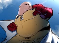 Rule 34 | 1boy, bald, belt, black belt, blue sky, cleft chin, clenched hand, cloud, cosplay, day, family guy, fat, fat man, gloves, highres, jumpsuit, kowai (iamkowai), male focus, one-punch man, outdoors, peter griffin, red gloves, saitama (one-punch man), saitama (one-punch man) (cosplay), sky, solo, superhero costume, yellow jumpsuit