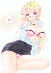 Rule 34 | 10s, 1girl, adjusting eyewear, arm support, ayase eli, bespectacled, black skirt, blonde hair, blue eyes, blush, bra, breasts, cameltoe, cleavage, closed mouth, collarbone, collared shirt, dress shirt, female focus, frapowa, frilled bra, frills, glasses, hair down, hand on eyewear, heart, jewelry, large breasts, long hair, looking at viewer, love live!, love live! school idol project, miniskirt, necklace, open clothes, open shirt, panties, pantyshot, pencil skirt, pink bra, pink panties, red-framed eyewear, shirt, sitting, skirt, smile, solo, strapless, strapless bra, striped clothes, striped shirt, unbuttoned, underwear