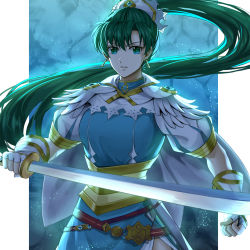 Rule 34 | 1girl, delsaber, earrings, fingerless gloves, fire emblem, fire emblem: the blazing blade, fire emblem heroes, gloves, green eyes, green hair, holding, holding sword, holding weapon, jewelry, long hair, lyn (fire emblem), nintendo, parted lips, ponytail, short sleeves, solo, sword, upper body, weapon, white gloves