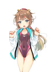 Rule 34 | 1girl, absurdres, brown hair, commentary request, competition swimsuit, covered navel, cowboy shot, flat chest, grey eyes, hair ribbon, highleg, highleg swimsuit, highres, hood, hooded jacket, hoodie, jacket, kantai collection, kazagumo (kancolle), long hair, looking at viewer, one-piece swimsuit, ponytail, purple one-piece swimsuit, ribbon, simple background, smile, solo, swimsuit, white background, white jacket, yashin (yasinz)