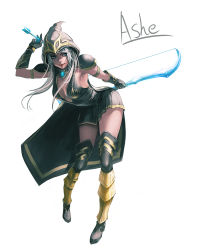 Rule 34 | 1girl, armpits, arrow (projectile), ashe (league of legends), blue eyes, bow (weapon), breasts, cape, character name, cleavage, gloves, highres, hood, la ciero (pixiv), league of legends, leaning forward, long hair, shoulder pads, silver hair, simple background, skirt, smirk, solo, weapon, white background
