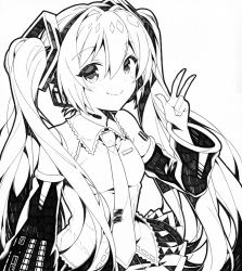 Rule 34 | 1girl, detached sleeves, greyscale, hatsune miku, headphones, kurisu sai, long hair, looking at viewer, monochrome, necktie, simple background, smile, solo, twintails, v, very long hair, vocaloid, white background