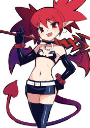 Rule 34 | 1girl, black thighhighs, blush, choker, demon girl, demon tail, demon wings, disgaea, earrings, elbow gloves, elder spear, etna (disgaea), fang, flat chest, gloves, highres, jewelry, looking at viewer, microskirt, navel, o-ring, o-ring choker, open mouth, pointy ears, red eyes, red hair, red wings, simple background, skirt, skull earrings, smile, solo, tail, thighhighs, twintails, white background, wings, zetsuei (zetto)