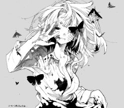 Rule 34 | 1girl, bandaid, bandaid on face, blood, blood on clothes, breasts, bug, butterfly, cleavage, grey background, greyscale, highres, bug, long hair, looking at viewer, mole, mole under mouth, monochrome, open clothes, open shirt, original, sasami (ki), shirt grab, smile, solo