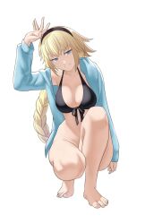 Rule 34 | 1girl, arm up, barefoot, bikini, black bikini, black hairband, blonde hair, blue eyes, blue jacket, bottomless, breasts, commentary, fate/grand order, fate (series), hairband, highres, jacket, jeanne d&#039;arc (fate), jeanne d&#039;arc (swimsuit archer) (fate), jeanne d&#039;arc (swimsuit archer) (first ascension) (fate), large breasts, long hair, long sleeves, looking at viewer, open clothes, open jacket, pomelomelon, simple background, smile, solo, squatting, stomach, swimsuit, thighs, very long hair, white background