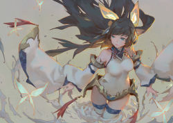 Rule 34 | 1girl, aqua eyes, bare shoulders, black hair, breasts, bug, butterfly, detached sleeves, hair ribbon, highres, insect, krenz, leotard, long hair, long sleeves, looking to the side, nie xiaoqian, ribbon, sangai senki, solo, thighhighs, white thighhighs, wide sleeves, wind