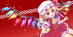 Rule 34 | 1girl, :d, arm up, ascot, blonde hair, commentary request, cowboy shot, cropped legs, crystal, fingernails, flandre scarlet, frilled skirt, frilled sleeves, frills, hair between eyes, halftone, halftone background, hat, hat ribbon, headphones, headphones around neck, highres, holding, holding weapon, laevatein, light particles, looking at viewer, looking up, mob cap, neme, open mouth, puffy short sleeves, puffy sleeves, red background, red eyes, red skirt, red vest, ribbon, shirt, short hair, short sleeves, side ponytail, skirt, smile, solo, sparkle, touhou, vest, weapon, white shirt, wings, yellow ascot