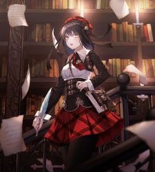 Rule 34 | 1girl, absurdres, black hair, book, bookshelf, breasts, brown eyes, cecil86, highres, holding, holding quill, indoors, looking at viewer, medium breasts, original, pantyhose, paper, parted lips, quill, railing, red skirt, short hair, skirt, solo, standing