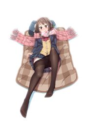 Rule 34 | 1girl, black jacket, black pantyhose, blue skirt, blush, bow, bowtie, breasts, breath, brown eyes, brown hair, buttons, closed mouth, clothes pull, earmuffs, female focus, full body, futon, happy, head tilt, highres, jacket, knee up, long hair, long sleeves, looking at viewer, lying, matching hair/eyes, miniskirt, nose blush, on back, open clothes, open jacket, original, panties, panties under pantyhose, panty pull, pantyhose, pantyhose pull, pillow, plaid, plaid scarf, plaid skirt, pleated skirt, pocket, red bow, red bowtie, red scarf, scarf, school uniform, see-through, shapoco, shiny clothes, sidelocks, simple background, skirt, small breasts, smile, solo, sweater, underwear, upskirt, white background, white panties, winter clothes, yellow sweater
