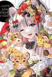 Rule 34 | 2022, :d, animal ear fluff, animal ears, bare shoulders, black bow, black bowtie, black gloves, black hair, blunt bangs, blush, bow, bowtie, braid, chinese zodiac, collar, collarbone, colored tips, detached collar, dot nose, dress, ear bow, fangs, flower, frilled bow, frilled collar, frilled dress, frills, gloves, grey eyes, hair bow, hair ornament, happy new year, highres, holding, lace, lace-trimmed gloves, lace trim, long hair, looking at viewer, maid headdress, multicolored hair, new year, okuma mai, one eye closed, open mouth, original, red bow, sidelocks, signature, smile, streaked hair, striped, striped bow, teeth, tiger, tiger ears, tiger girl, white flower, white hair, year of the tiger, yellow bow