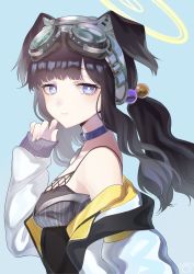 Rule 34 | 1girl, absurdres, animal ears, aqua background, bare shoulders, black hair, blue archive, blue background, blue eyes, blush, breasts, choker, dog ears, dog girl, goggles, goggles on head, gradient background, hair ornament, halo, hibiki (blue archive), highres, jacket, long hair, long sleeves, looking at viewer, off shoulder, purple eyes, sleeves past wrists, small breasts, solo, tsuki no minato, twintails, upper body, white jacket