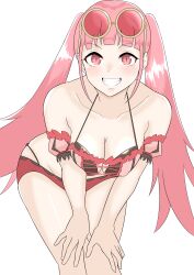 Rule 34 | 1girl, absurdres, bare shoulders, bikini, breasts, cleavage, collarbone, female focus, fire emblem, fire emblem: three houses, fire emblem heroes, grin, hand on own knee, highres, hilda valentine goneril, hilda valentine goneril (summer), large breasts, light blush, long hair, looking at viewer, maplesugar7324, matching hair/eyes, nintendo, off-shoulder bikini, off shoulder, official alternate costume, pink bikini, pink eyes, pink hair, simple background, smile, solo, swimsuit, thighs, twintails, white background