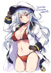 Rule 34 | 1girl, belt, bikini, bikini under clothes, black gloves, breasts, cleavage, coat, collarbone, cowboy shot, dated, gangut (kancolle), gloves, hand on own hip, hat, kantai collection, large breasts, long hair, looking at viewer, odawara hakone, peaked cap, red bikini, red eyes, silver hair, simple background, solo, standing, swimsuit, swimsuit under clothes, twitter username, white background, white coat, white hat